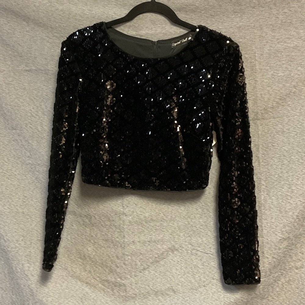 Crystal Doll Black Sequin Long Sleeve Crop Top